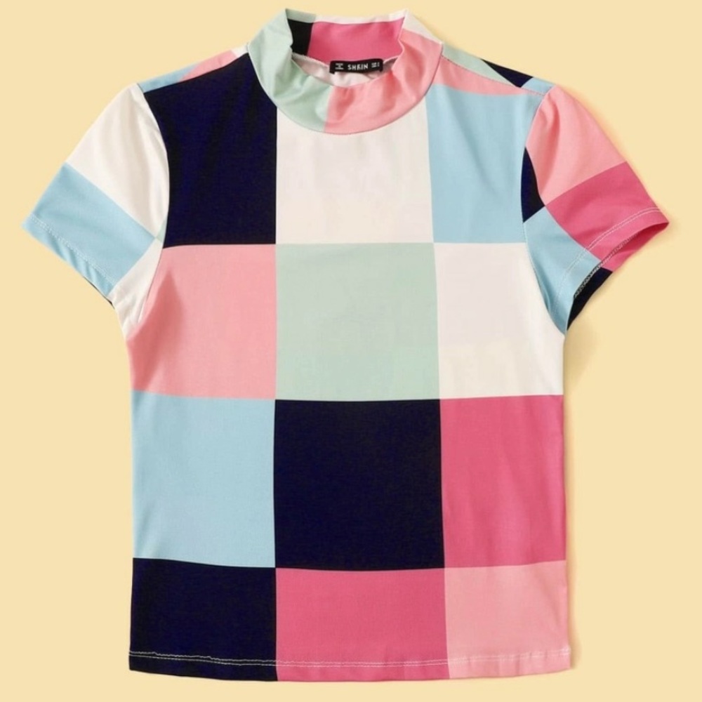 Mock neck patchwork t-shirt top